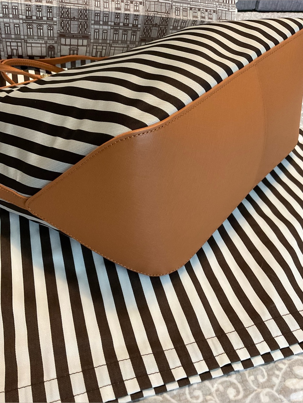 Henri Bendel Mink and Silver Premium Stripe Tote with  Chestnut Saffiano Trim - Picture 9 of 16
